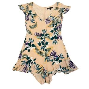For Love & Lemons Romper XS Tropical Resort Floral Ruffle Short Sleeve Peach